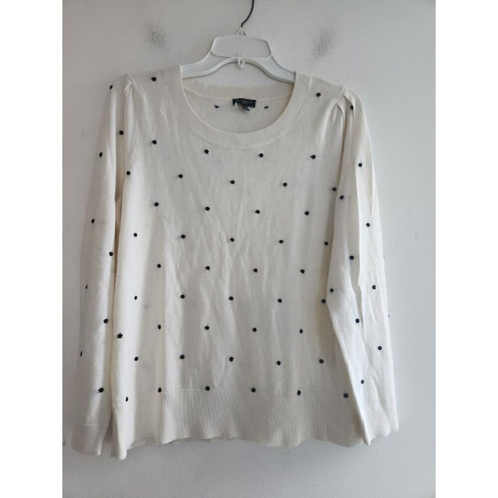 Talbots Off White w/Black Pom Pom Detail Wool Blend Sweater size Large Petie